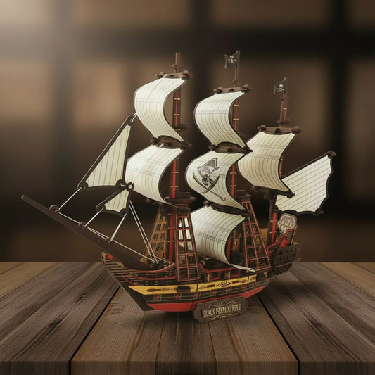 Puzzle 3D du Black Pearl Blanc, vue studio sur surface en noyer