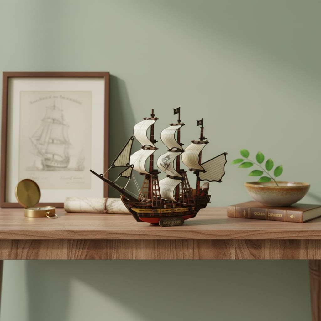 Puzzle 3D du Black Pearl Blanc, posé sur une commode dans un intérieur design