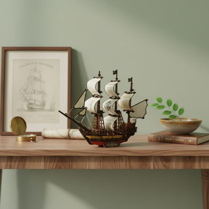 Puzzle 3D du Black Pearl Blanc, posé sur une commode dans un intérieur design