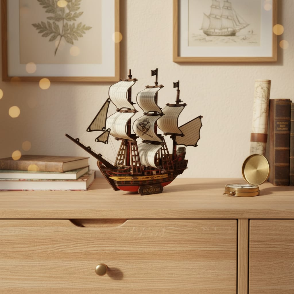 Puzzle 3D du Black Pearl Blanc, exposé sur une étagère ouverte