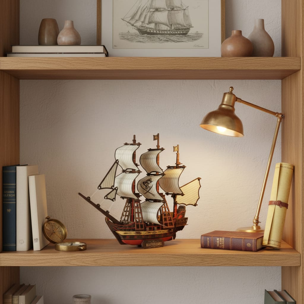Puzzle 3D du Black Pearl Blanc, placé sur une cheminée en pierre