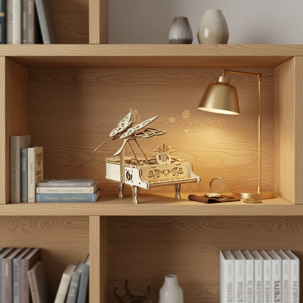 Puzzle 3D du Boîte à Musique Piano en Bois, posé sur une commode dans un intérieur design