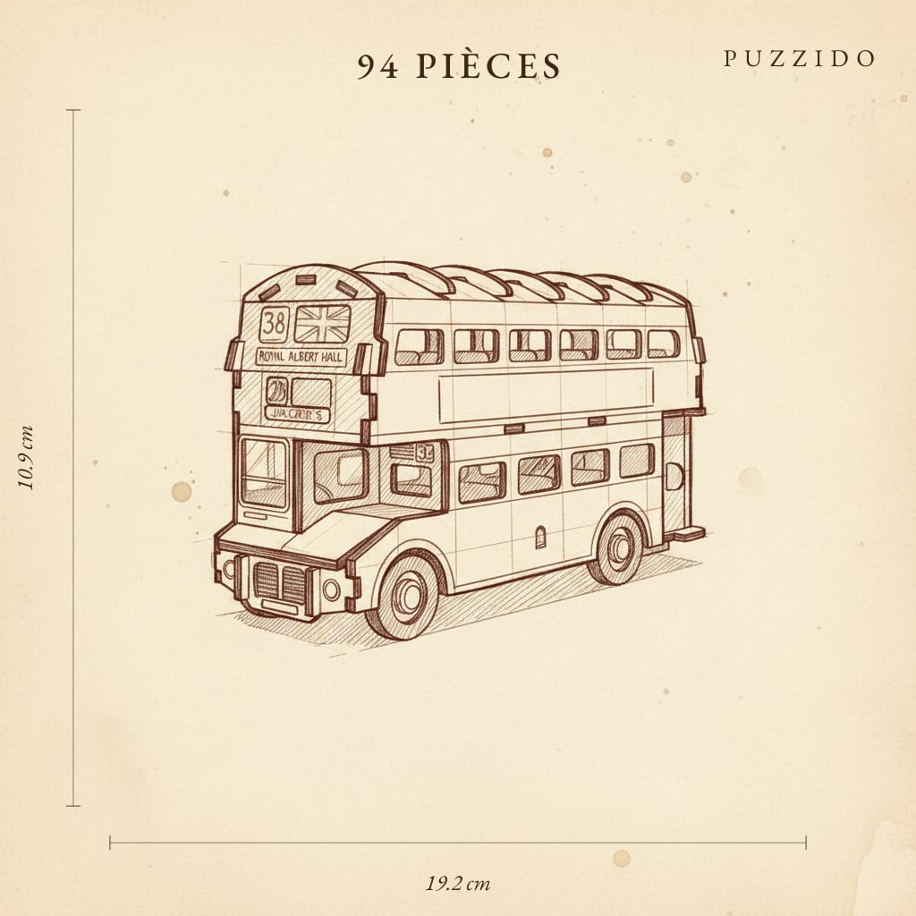 Puzzle 3D Bus Anglais en Bois — plan technique.