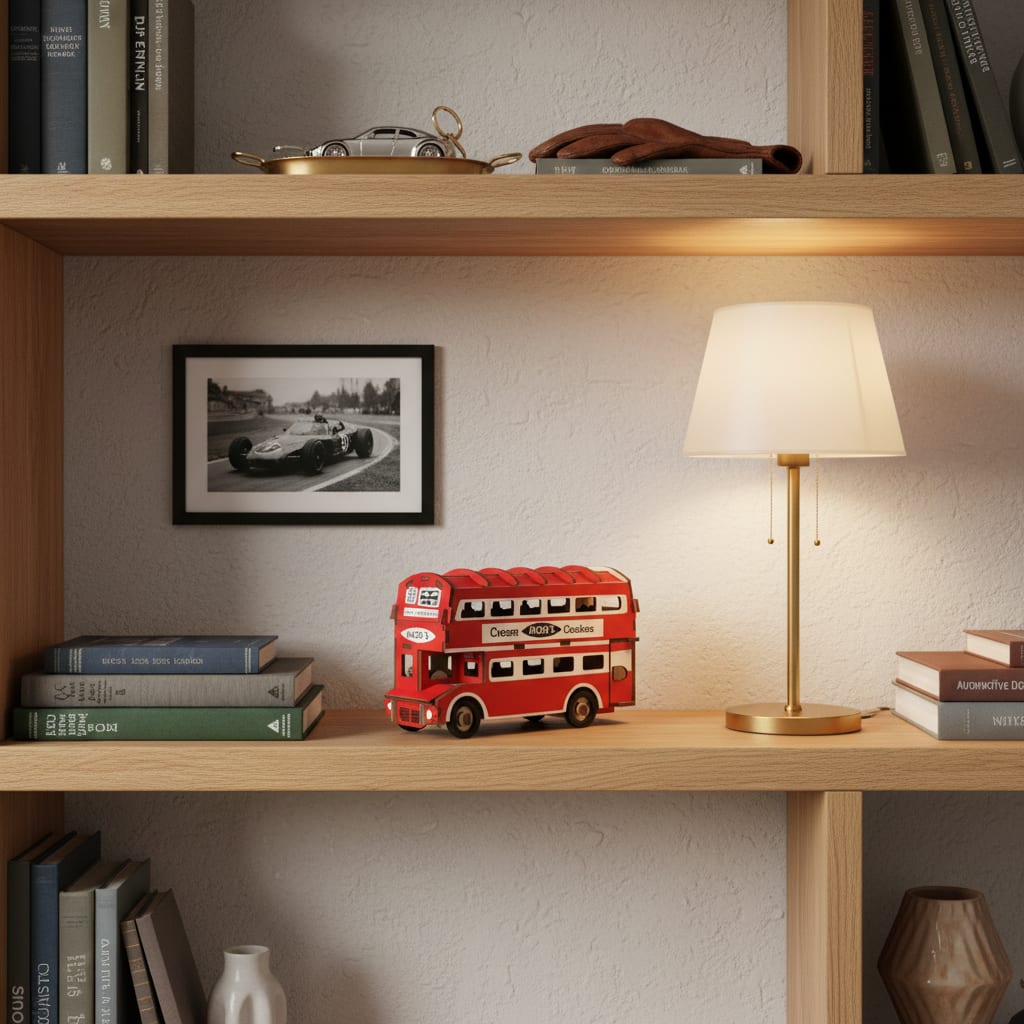 Puzzle 3D du Bus Anglais en Bois, posé sur une commode dans un intérieur design