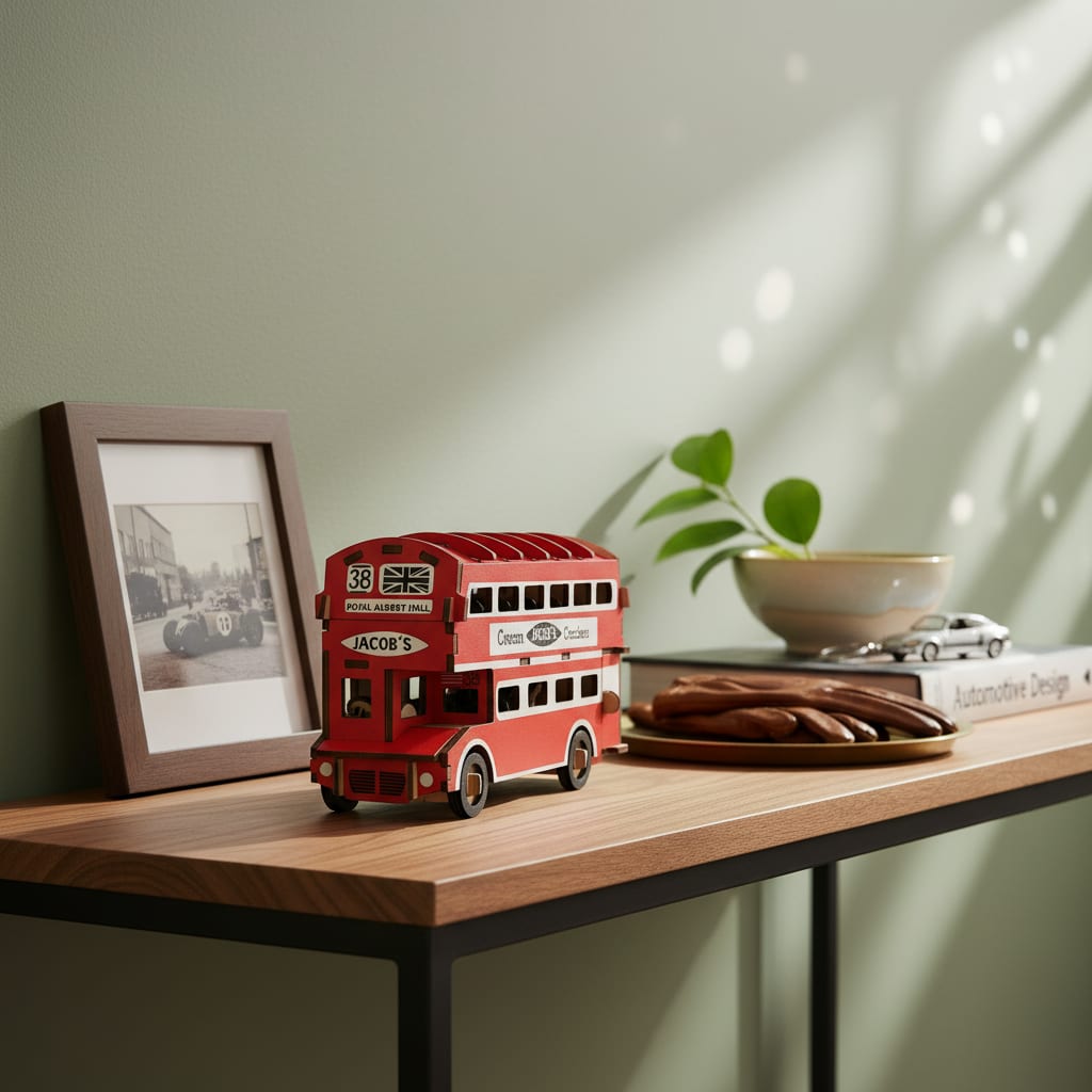 Puzzle 3D du Bus Anglais en Bois, exposé sur une étagère ouverte