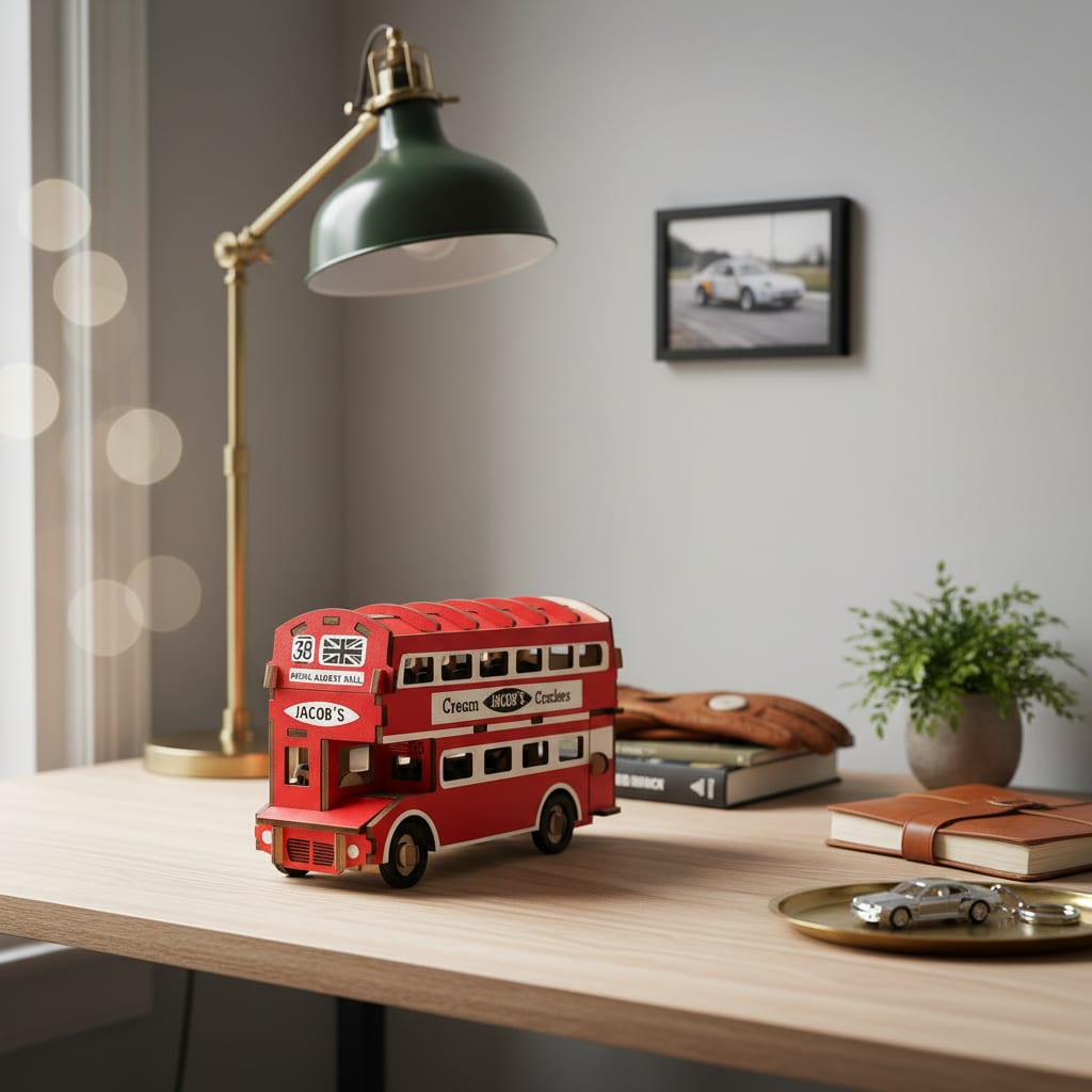 Puzzle 3D du Bus Anglais en Bois, placé sur une cheminée en pierre