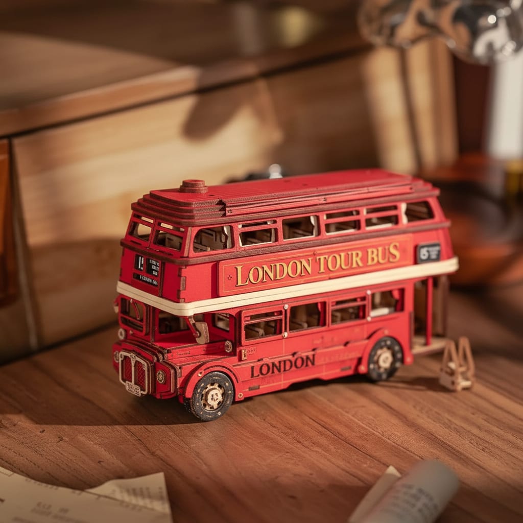 Puzzle 3D : Bus Londonien en Bois, assemblé et posé sur une table en bois, ambiance chaleureuse.
