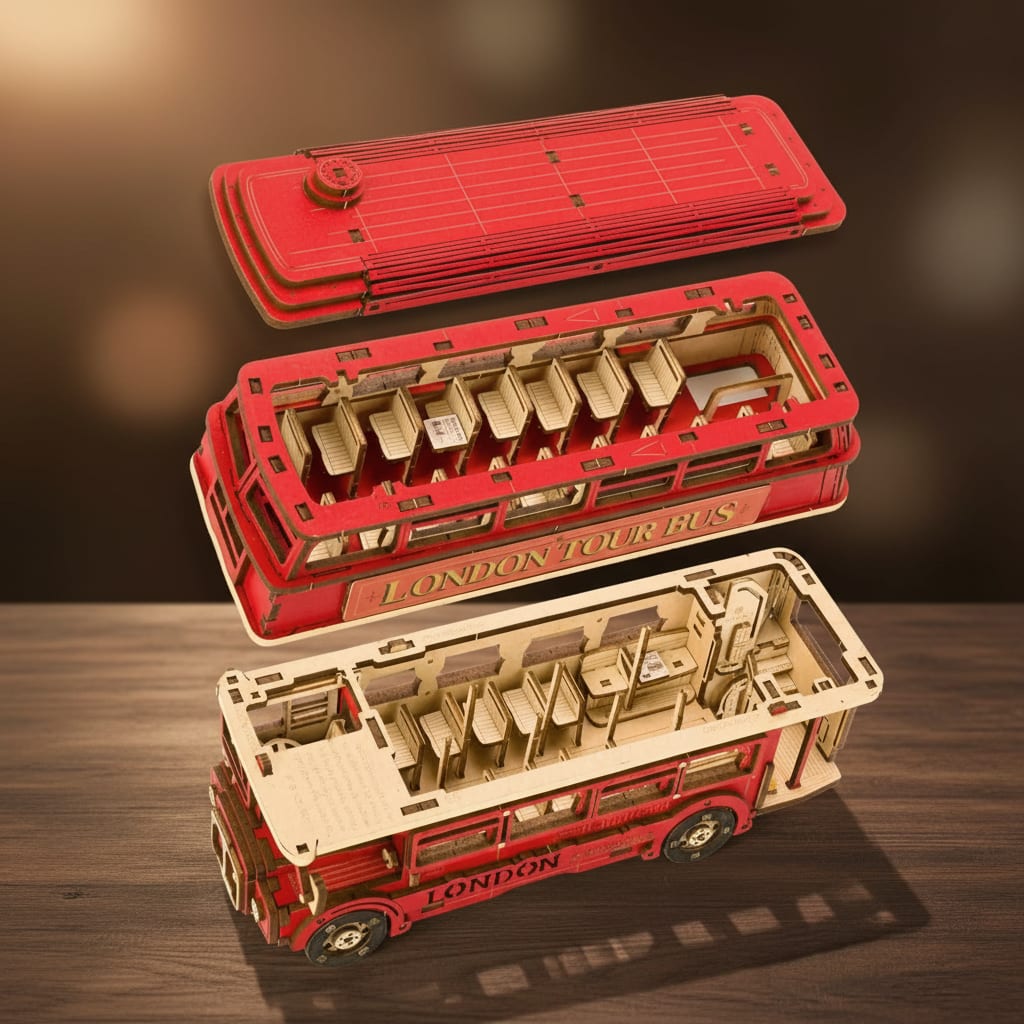 Puzzle 3D : Bus Londonien en Bois, modèle démonté et assemblé sur une table en bois sombre