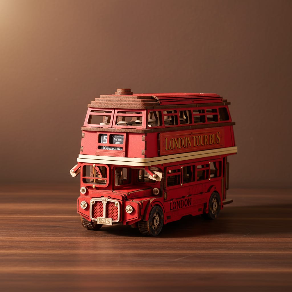 Puzzle 3D : Bus Londonien en Bois, rouge, posé sur une surface en noyer, éclairage studio doux.