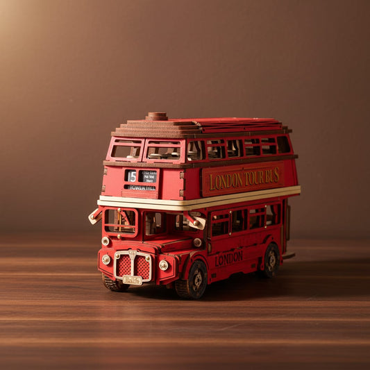 Puzzle 3D : Bus Londonien en Bois, rouge, posé sur une surface en noyer, éclairage studio doux.