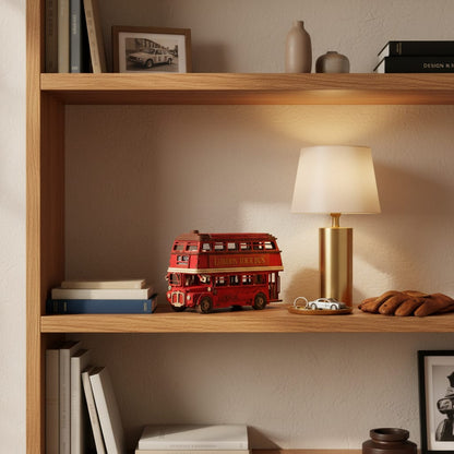Puzzle 3D : Bus Londonien en Bois, sur une étagère en bois clair avec lampe et livres dans un intér…