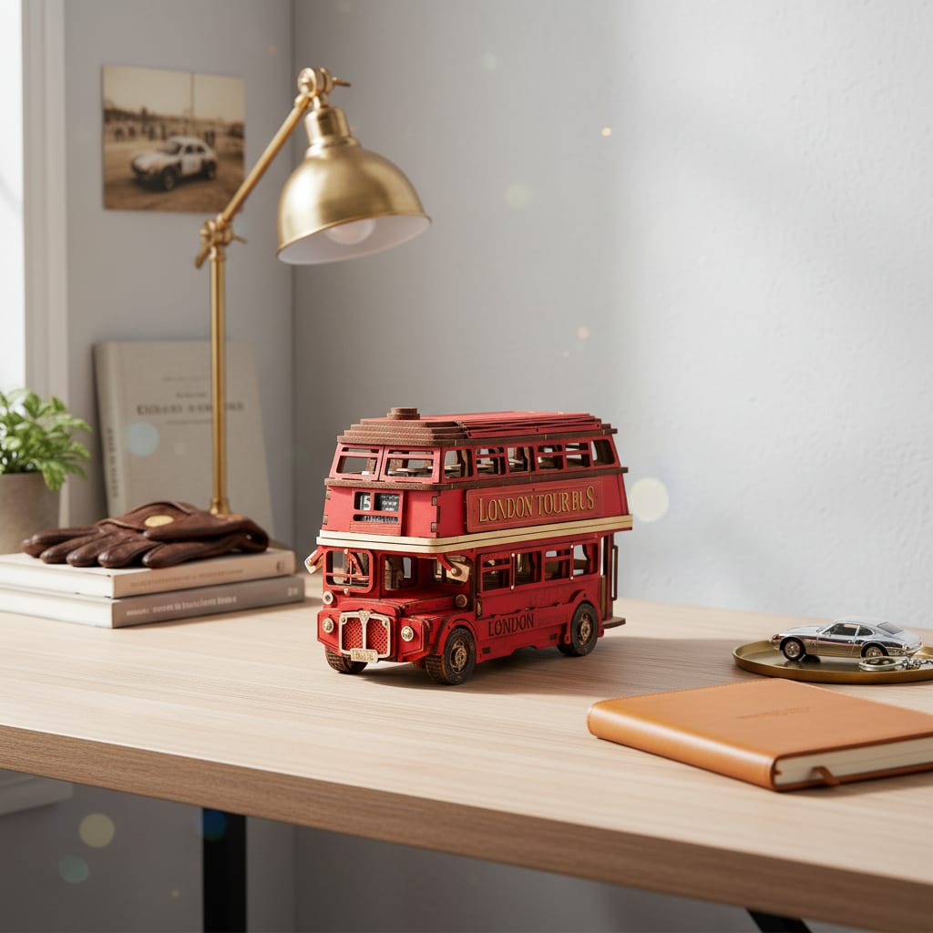 Puzzle 3D : Bus Londonien en Bois, posé sur un bureau en bois clair avec une lampe dorée et des acc…