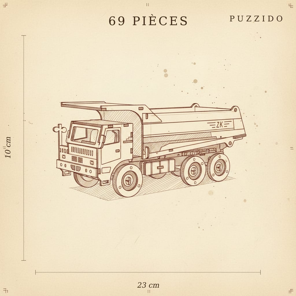 Puzzle 3D du Camion Jaune, plan technique avec dimensions