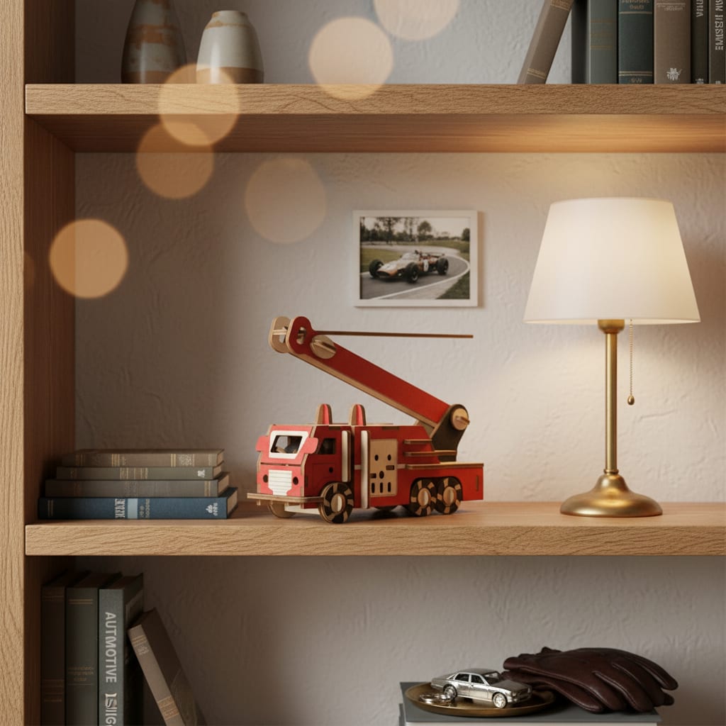 Puzzle 3D du Camion de pompier, posé sur une commode dans un intérieur design
