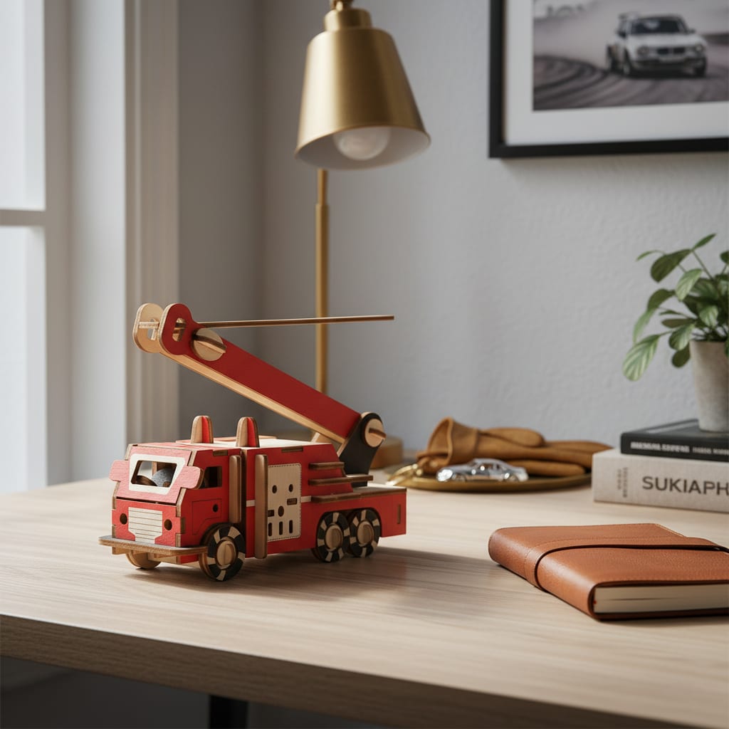 Puzzle 3D du Camion de pompier, placé sur une cheminée en pierre