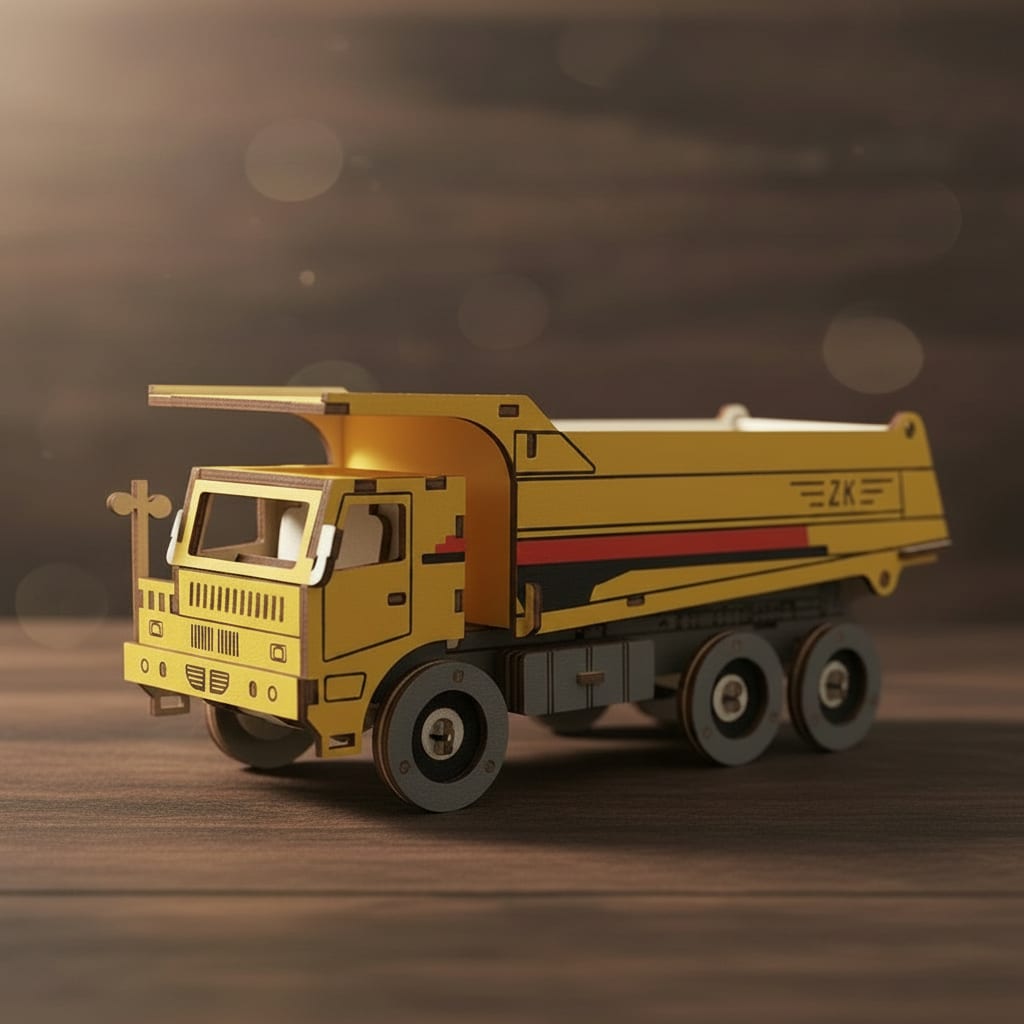 Puzzle 3D du Camion Jaune en bois, assemblé.