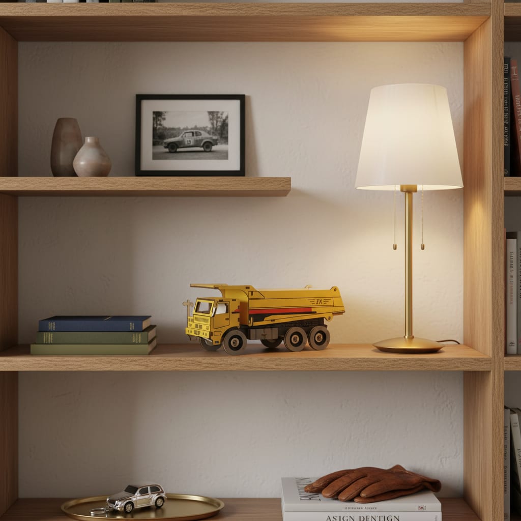 Puzzle 3D du Camion Jaune, posé sur une commode dans un intérieur design