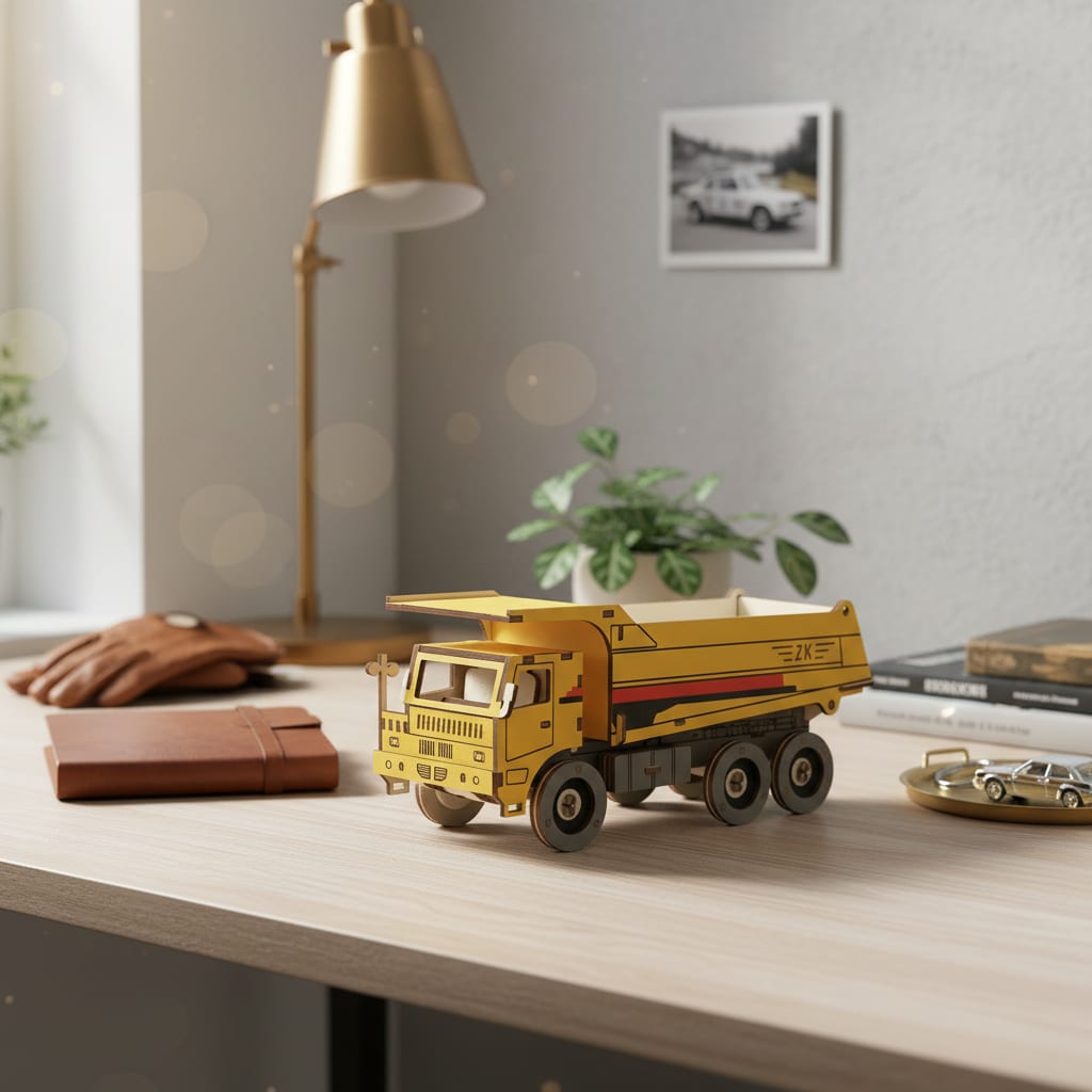 Puzzle 3D du Camion Jaune, placé sur une cheminée en pierre