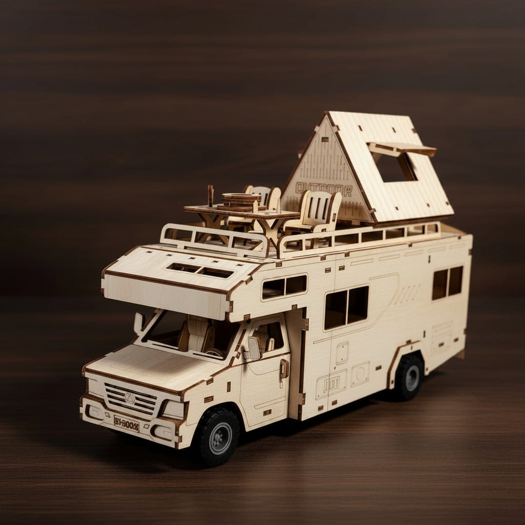 Puzzle 3D du Camping Car, vue studio sur surface en noyer