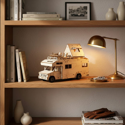 Puzzle 3D du Camping Car, placé sur une cheminée en pierre