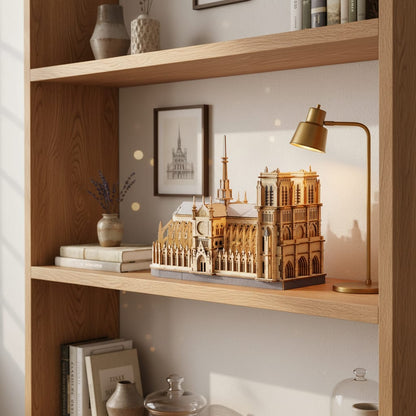 Puzzle 3D de la Cathédrale Notre-Dame en bois, posé sur une commode - vue 3
