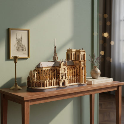 Puzzle 3D de la Cathédrale Notre-Dame en bois, sur une étagère - vue 4