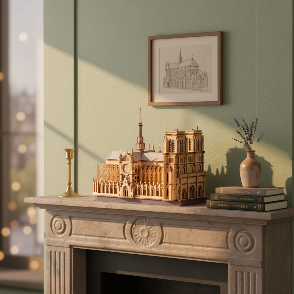Puzzle 3D de la Cathédrale Notre-Dame en bois, sur une cheminée - vue 5