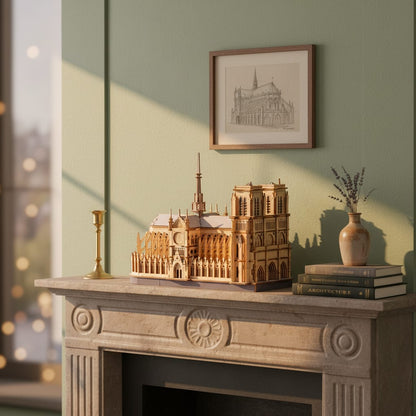 Puzzle 3D de la Cathédrale Notre-Dame en bois, sur une cheminée - vue 5