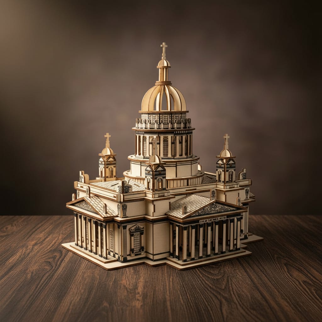 Puzzle 3D de la Cathédrale Saint-Isaac en bois, assemblé.