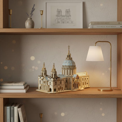Puzzle 3D du Cathédrale Saint-Paul, posé sur une commode dans un intérieur design