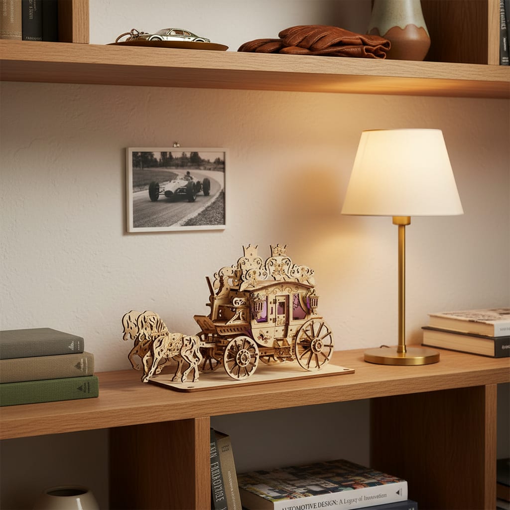 Puzzle 3D du Charette Royale en Bois, posé sur une commode dans un intérieur design
