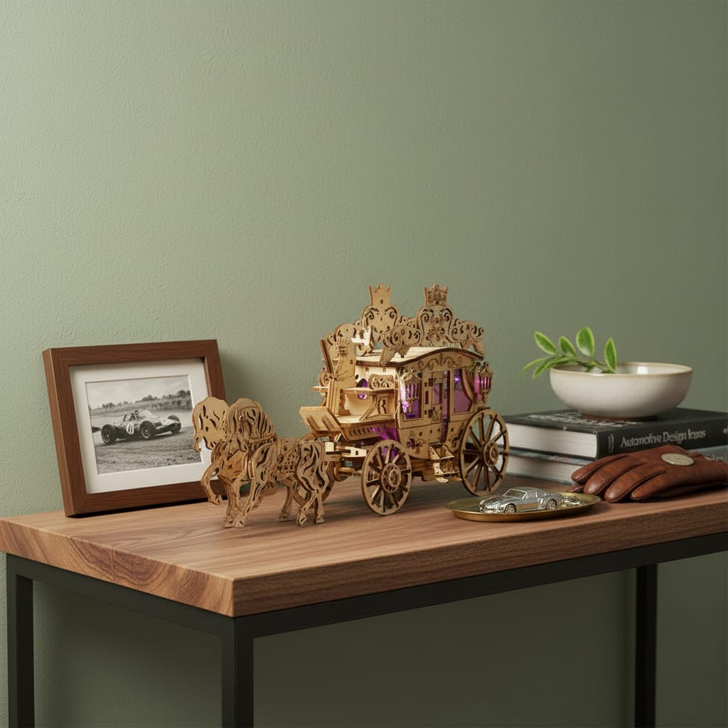 Puzzle 3D du Charette Royale en Bois, exposé sur une étagère ouverte