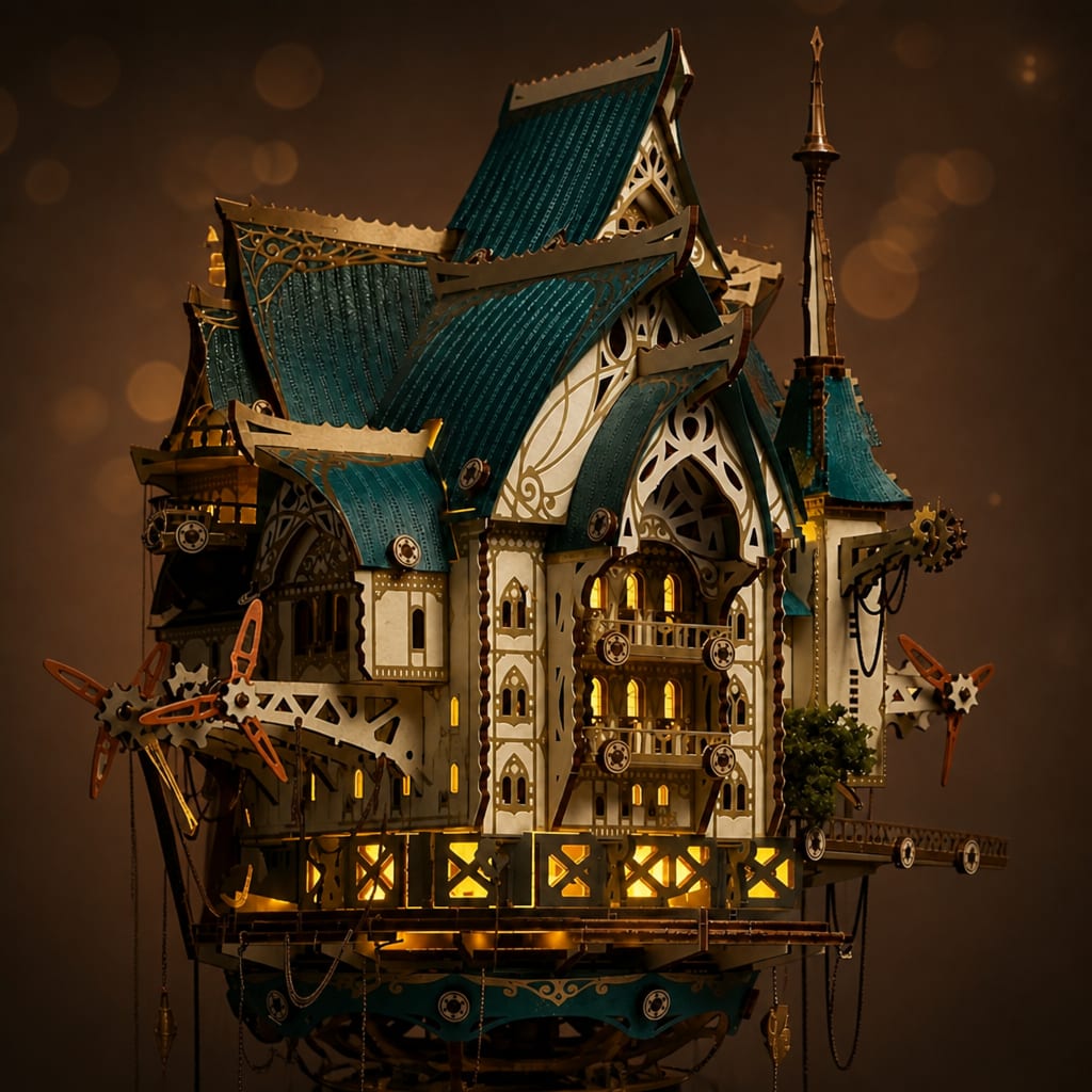 Façade du Puzzle 3D Château à Vapeur, fenêtres éclairées par les LED