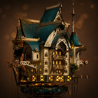 Façade du Puzzle 3D Château à Vapeur, fenêtres éclairées par les LED