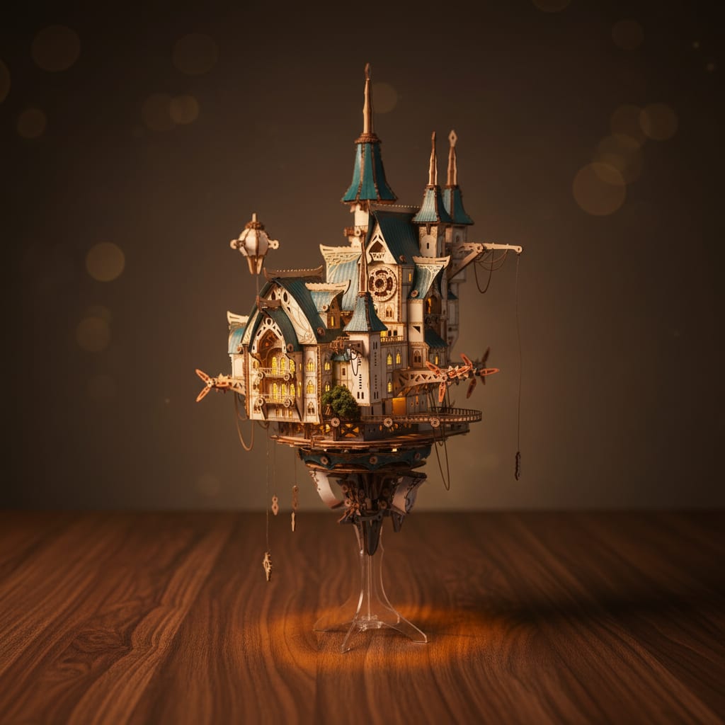 Puzzle 3D du Château à Vapeur, vue studio sur surface en noyer