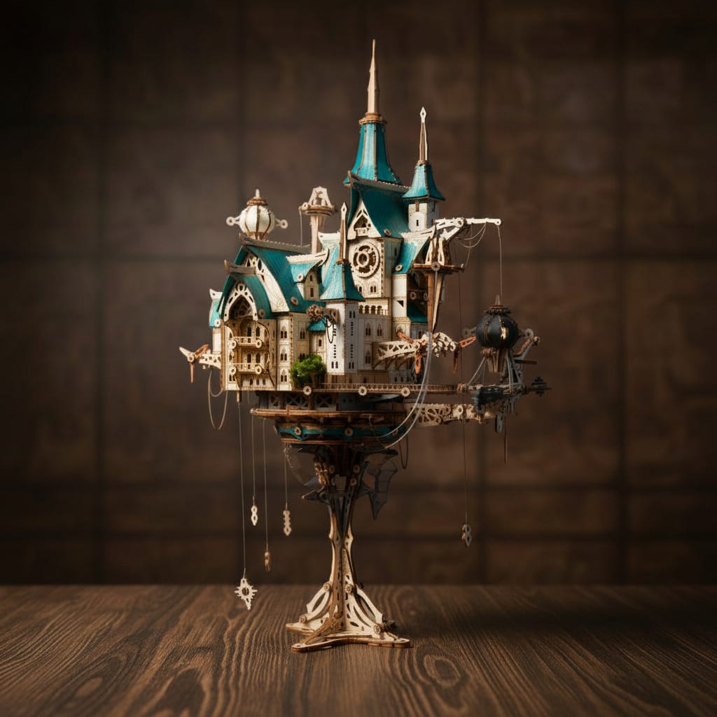 Puzzle 3D du Château à Vapeur, vue studio sur surface en noyer