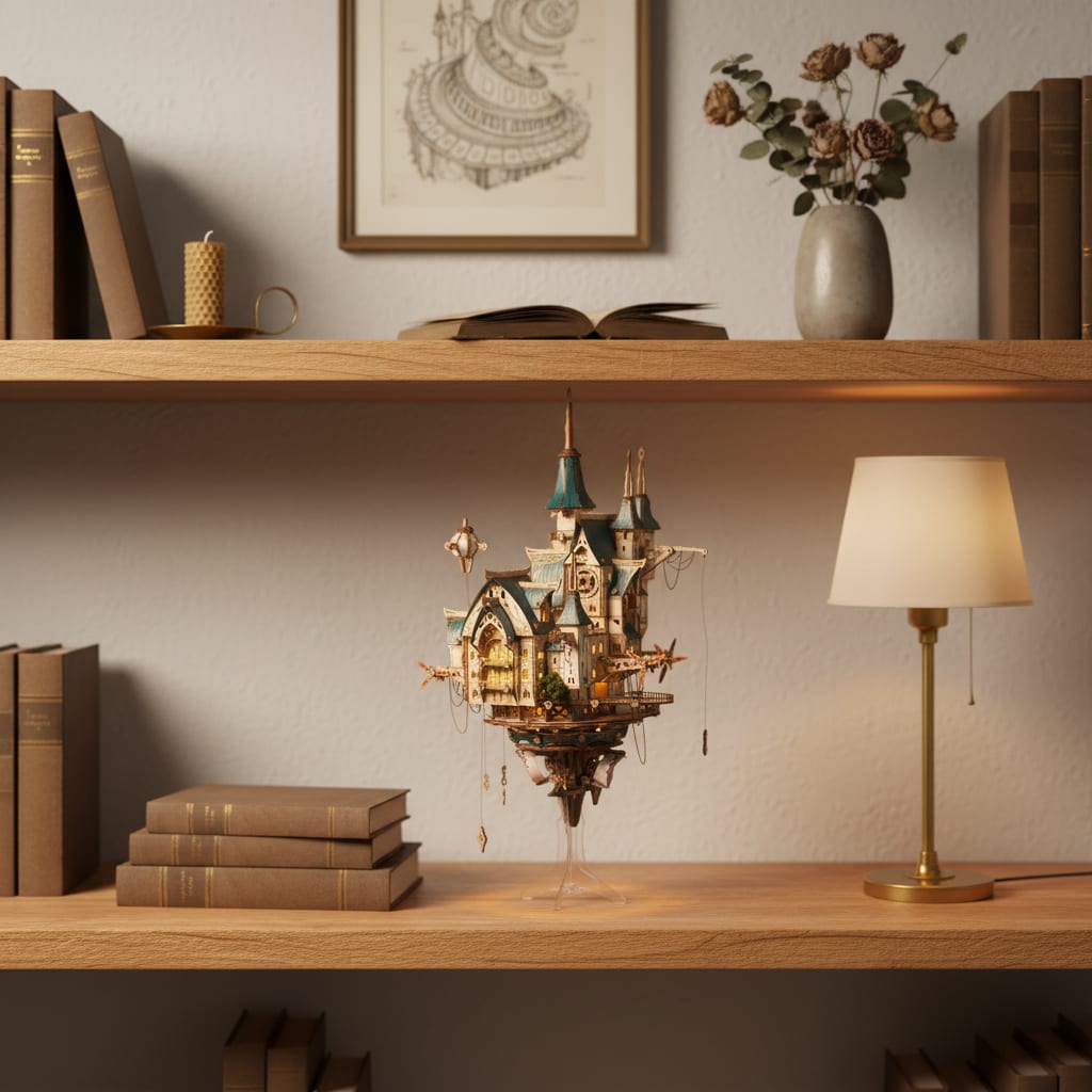 Puzzle 3D du Château à Vapeur, exposé sur une étagère en chêne près d'une lampe
