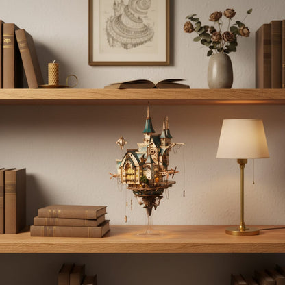 Puzzle 3D du Château à Vapeur, exposé sur une étagère en chêne près d'une lampe