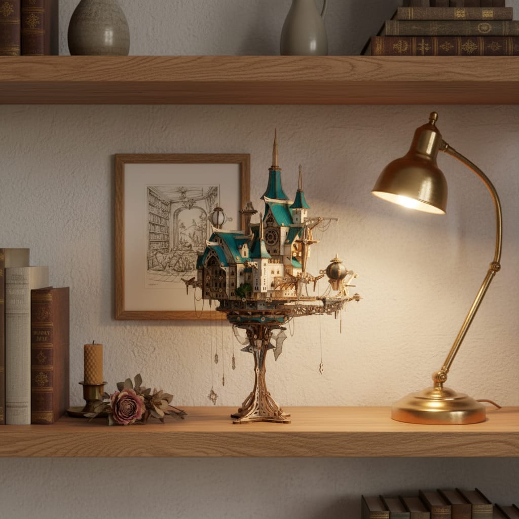 Puzzle 3D du Château à Vapeur, posé sur une commode dans un intérieur design