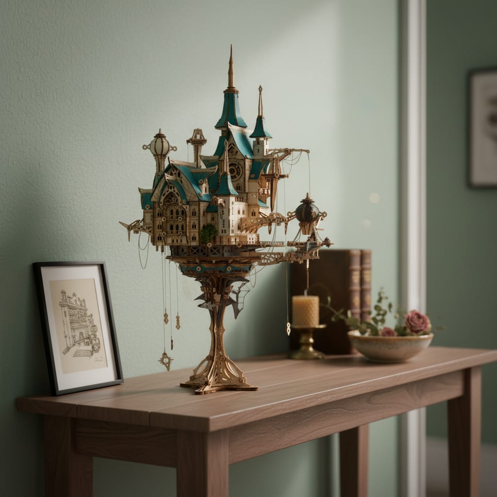 Puzzle 3D du Château à Vapeur, exposé sur une étagère ouverte