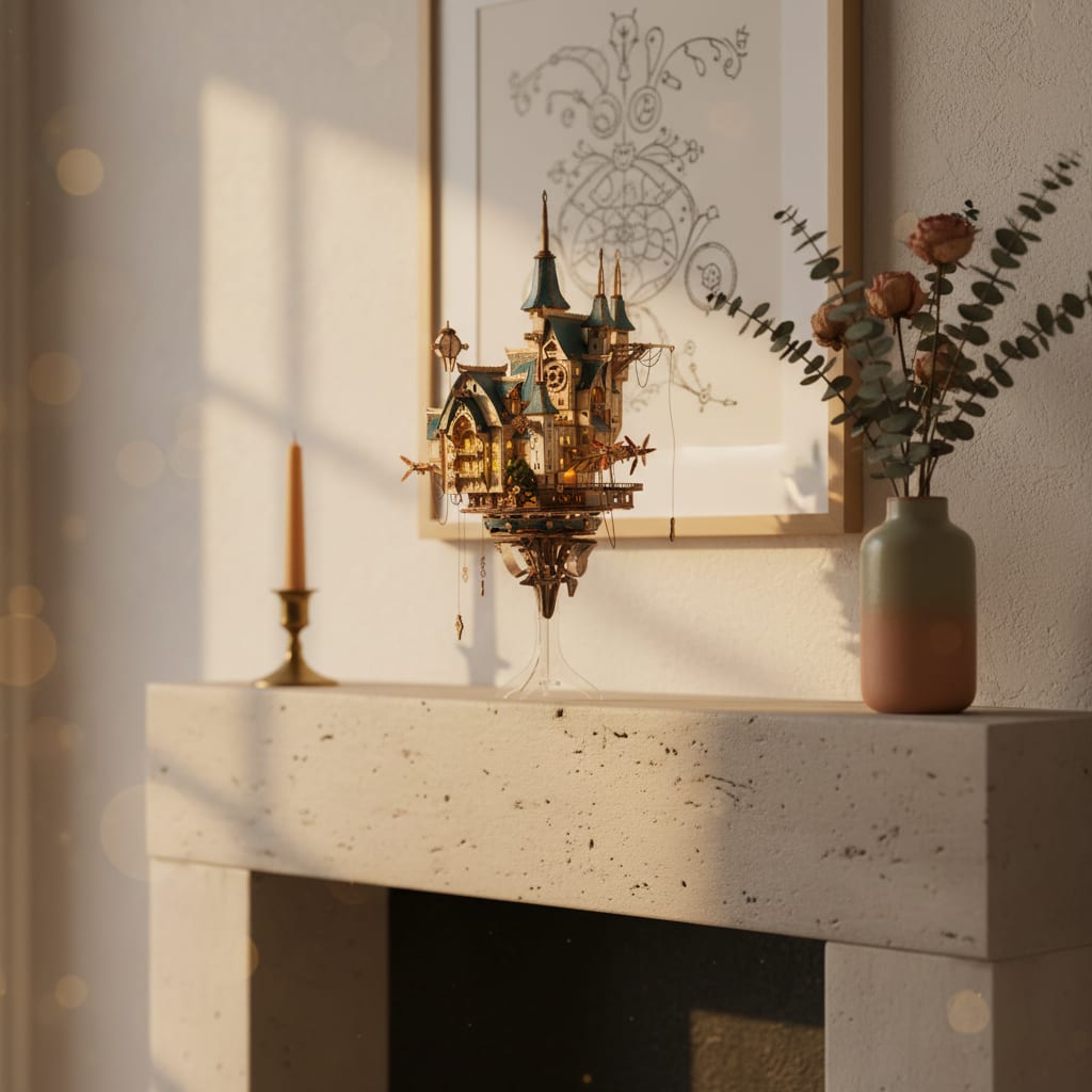 Puzzle 3D du Château à Vapeur, placé sur une cheminée en pierre