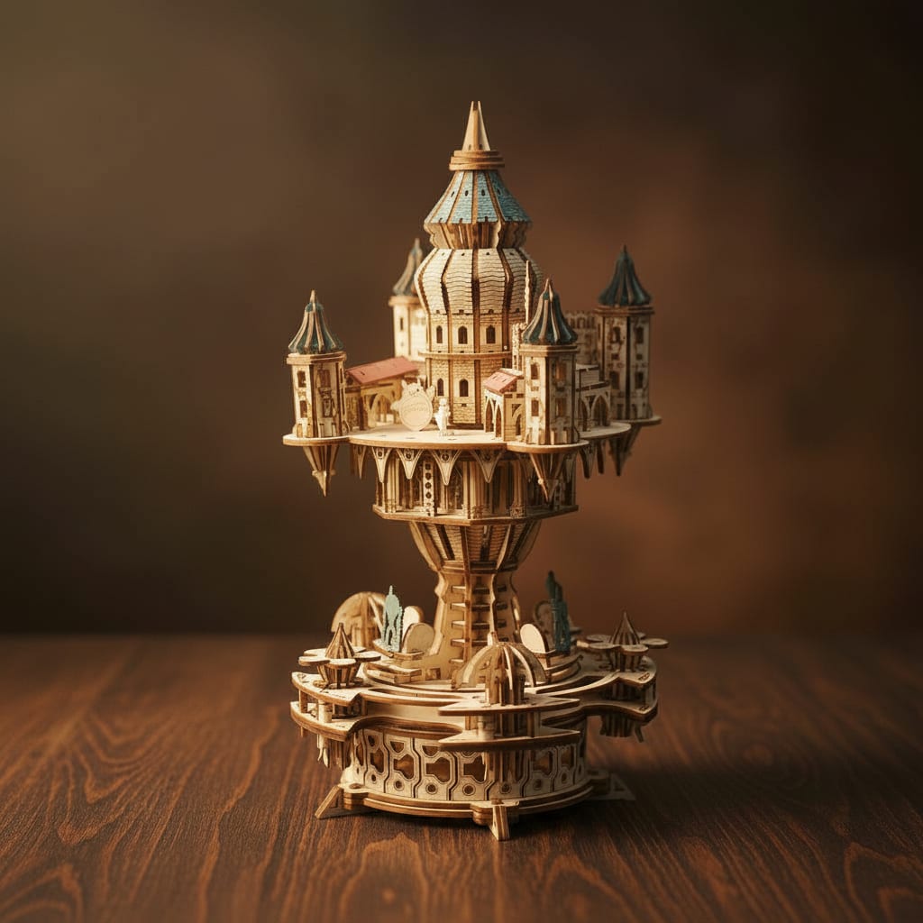 Puzzle 3D du Château dans le Ciel, vue studio sur surface en noyer