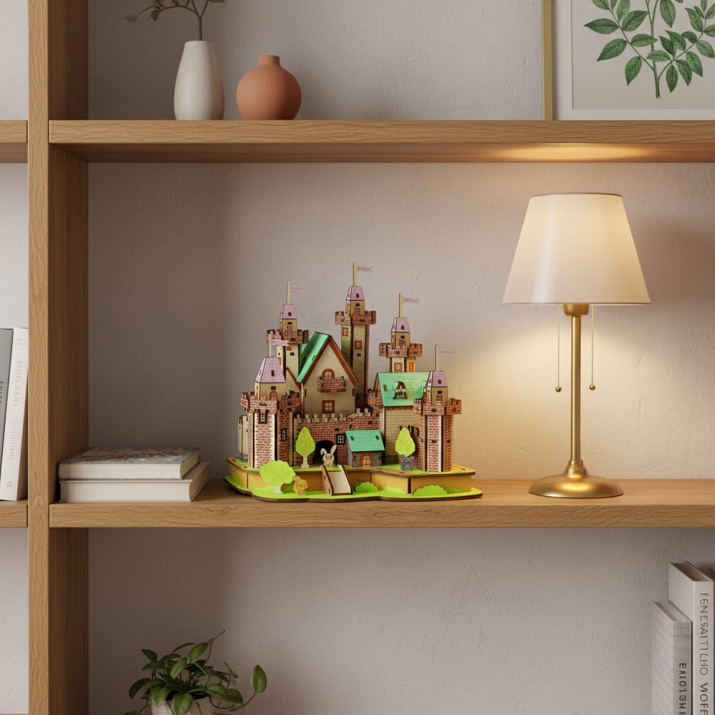 Puzzle 3D du Château de Princesse en Bois, posé sur une commode dans un intérieur design