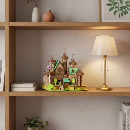 Puzzle 3D du Château de Princesse en Bois, posé sur une commode dans un intérieur design