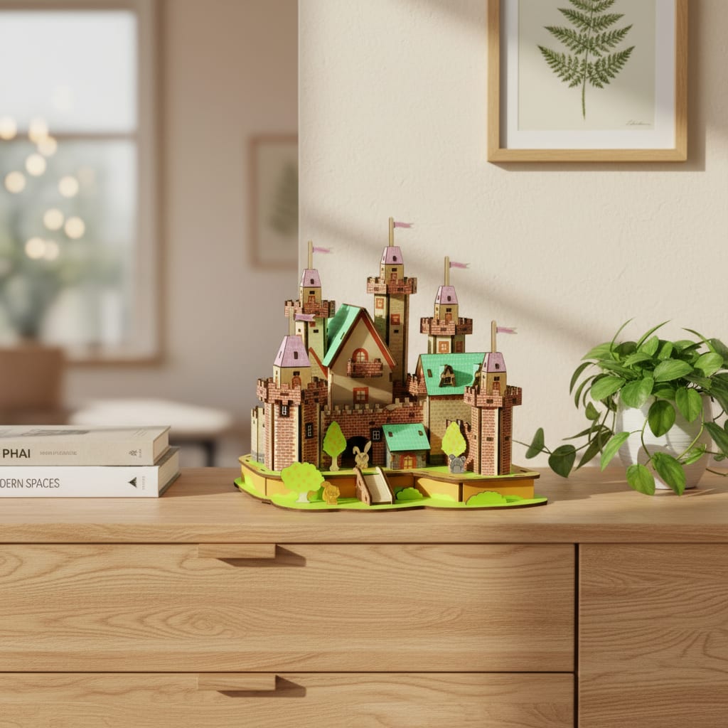 Puzzle 3D du Château de Princesse en Bois, exposé sur une étagère ouverte