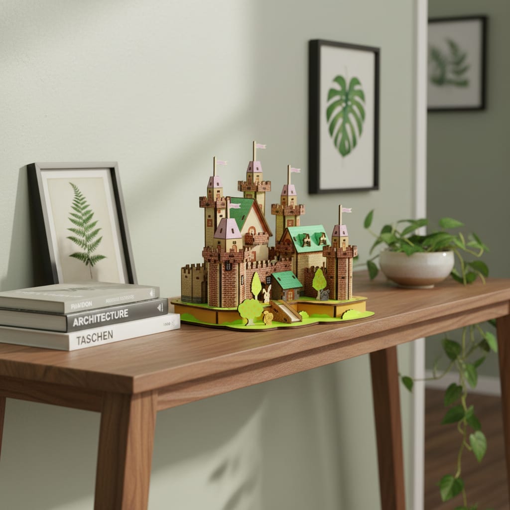 Puzzle 3D du Château de Princesse en Bois, placé sur une cheminée en pierre