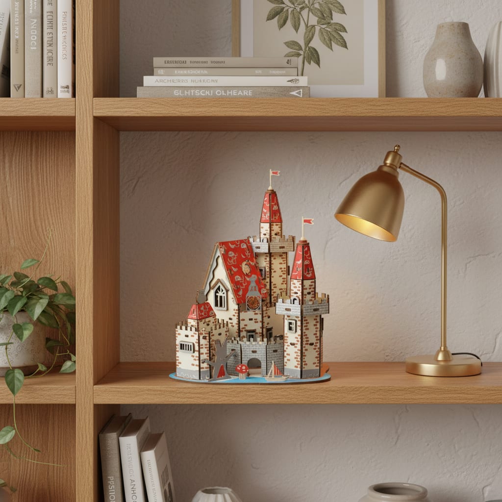 Puzzle 3D du Château Fort en Bois, posé sur une commode dans un intérieur design