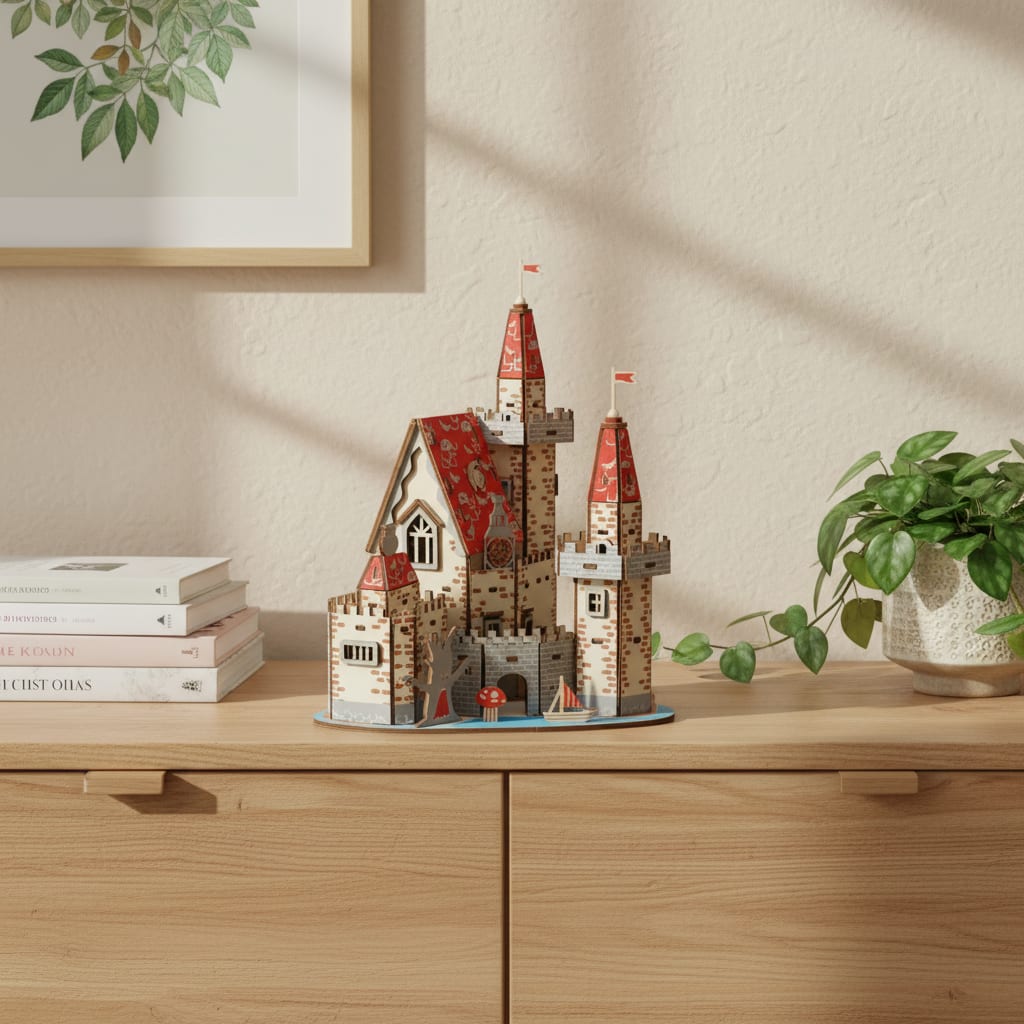 Puzzle 3D du Château Fort en Bois, exposé sur une étagère ouverte