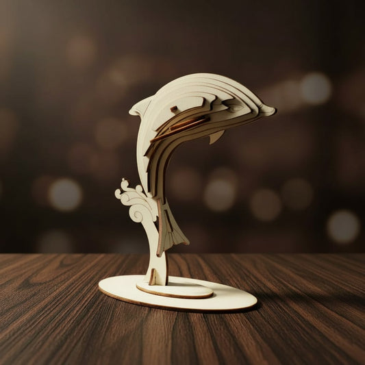 Puzzle 3D du Dauphin, vue studio sur surface en noyer