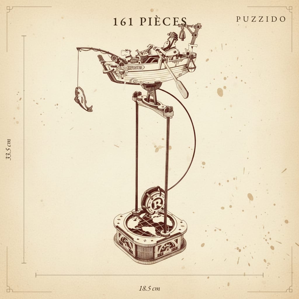 Puzzle 3D : Barque de Pêcheur en Bois, plan technique avec dimensions